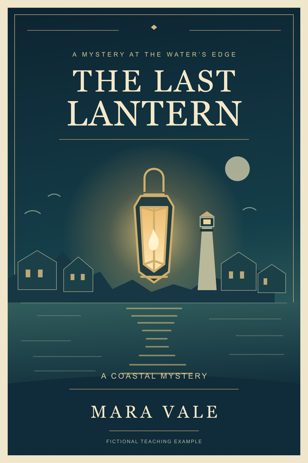 Original fictional The Last Lantern cover, with an illustrated harbor and lantern, author Mara Vale, and subtitle A Coastal Mystery.